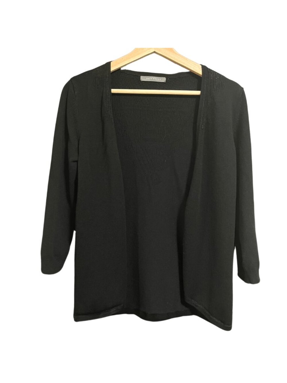 Black Open Front ¾ Sleeve Cardigan w Geometric Knit Back Detail – Suzy Shier, XS